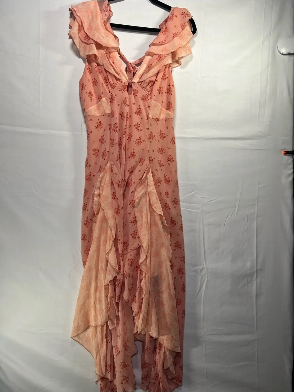 Free People Women’s Pink Floral Ruffle Handkerchief Hem Maxi Dress Size M